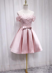 Pink Satin Off Shoulder Lace Top Homecoming Dresses, Pink Gradaution Dresses