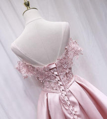 Pink Satin Off Shoulder Lace Top Homecoming Dresses, Pink Gradaution Dresses