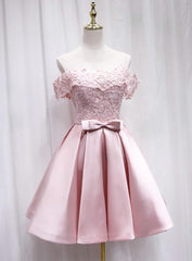 Pink Satin Off Shoulder Lace Top Homecoming Dresses, Pink Gradaution Dresses