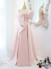 Pink Satin One Shoulder Prom Dresses With Bow