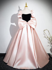 Pink Satin Puff Sleeve Bow Prom Dresses