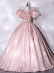 Pink Satin Puff Sleeve Quinceanera Dresses