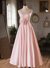 Pink Satin Spaghetti Straps Flower Prom Dresses