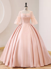 Pink Satin Square Short Sleeve Quinceanera Dresses