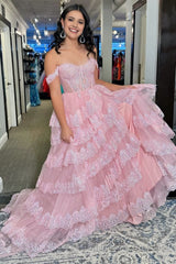 Pink Sequin Appliques Off-the-Shoulder Ruffle Tiered Long Gown