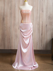 Pink Sheath Strapless Pleats Prom Dresses