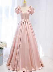 Pink Short Sleeve Bow Prom Dresses