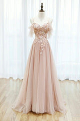 Pink Spaghetti Straps Lace Long Prom Dresses, A-Line Evening Graduation Dresses