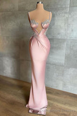 Pink Spaghetti-Straps Mermaid Prom Dress Sleeveless With Appliques