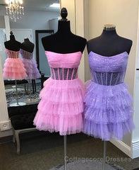 Pink Sparkly Strapless Multi-Layers Tulle Homecoming Dress