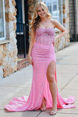 Pink Strapless Sequins Mermaid Long Prom Dresses With Split