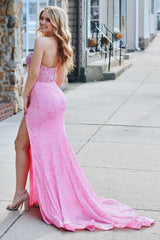 Pink Strapless Sequins Mermaid Long Prom Dresses With Split