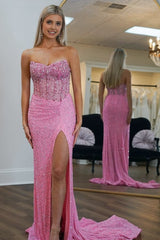 Pink Strapless Sequins Mermaid Long Prom Dresses With Split