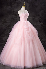 Pink Strapless Tulle Floor Length Prom Dresses, Lovely A-Line Evening Party Dresses