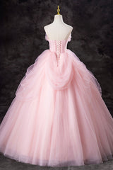 Pink Strapless Tulle Floor Length Prom Dresses, Lovely A-Line Evening Party Dresses