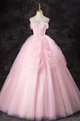 Pink Strapless Tulle Floor Length Prom Dresses, Lovely A-Line Evening Party Dresses