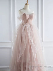 Pink sweetheart tulle long prom dress, pink tulle formal dress