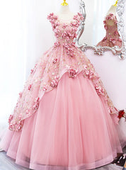 Pink Tulle 3D Flower Sequins Prom Dresses