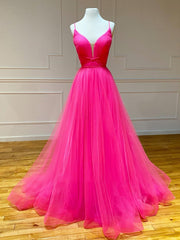 Pink Tulle A Line Ruffles Long Prom Dresses