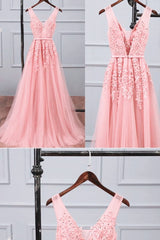 Pink Tulle A-line Simple Long Party Dress, A-line Prom Dresses Evening Dress