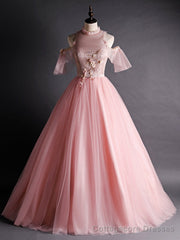 Pink Tulle Appliques Beading Backless Quinceanera Dress