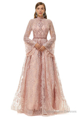 Pink Tulle Appliques High Neck Long Sleeve Beading Prom Dresses