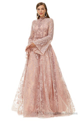 Pink Tulle Appliques High Neck Long Sleeve Beading Prom Dresses