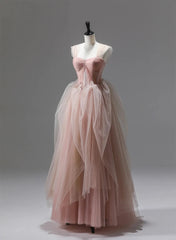 Pink Tulle Beaded Long Party Dresses Prom Dresses, Pink Floor Length Formal Dresses