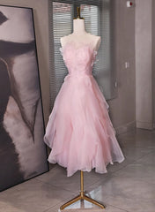 Pink Tulle Beaded Low Back Short Party Dress, Pink Tulle Homecoming Dress