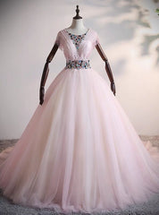 Pink Tulle Beading Crystal Backless Quinceanera Dresses