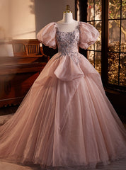 Pink Tulle Beading Puff Sleeve Quinceanera Dresses