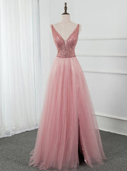 Pink Tulle Deep V-neck Backless Beading Sequins Prom Dresses