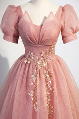 Pink Tulle Floor Length Prom Dress, Cute Short Sleeve Evening Dress