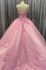 Pink Tulle Floral Appliques Sweetheart Lace-Up Quinceanera Dresses