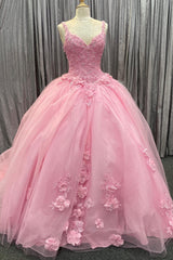 Pink Tulle Floral Appliques Sweetheart Lace-Up Quinceanera Dresses