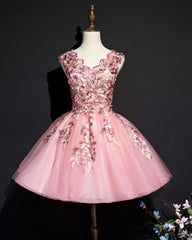 Pink Tulle Flowers Homecoming Dresses, Short Pink Teen Formal Dresses