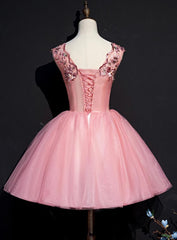 Pink Tulle Flowers Homecoming Dresses, Short Pink Teen Formal Dresses