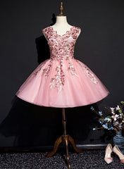 Pink Tulle Flowers Homecoming Dresses, Short Pink Teen Formal Dresses