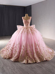 Pink Tulle Gold Sequins Tiers Prom Dresses