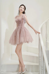 Pink Tulle Knee Length Prom Dresses, Cute A-Line Party Dresses