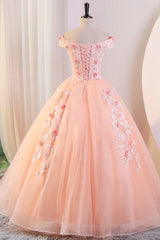 Pink Tulle Lace and Flowers Ball Gown Formal Dresses, Pink Long Sweet 16 Dresses