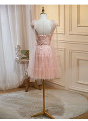 Pink Tulle Lace and Flowers Short Homecoming Dress, Cute Pink Party Dress