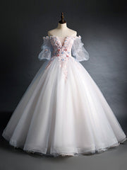 Pink Tulle Lace Applique Long Prom Dress, Tulle Lace Sweet 16 Dress