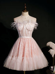 Pink Tulle Lace Feather Homecoming Dresses