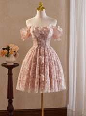 Pink Tulle Lace Flower Homecoming Dresses