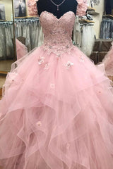 Pink Tulle Lace Long Ball Gown, A-Line Strapless Evening Dresses Sweet 16 Dresses