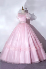 Pink Tulle Lace Long Prom Dresses, Lovely A-Line Short Sleeve Evening Dresses