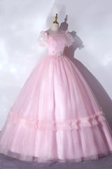 Pink Tulle Lace Long Prom Dresses, Lovely A-Line Short Sleeve Evening Dresses