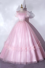 Pink Tulle Lace Long Prom Dresses, Lovely A-Line Short Sleeve Evening Dresses