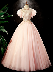 Pink Tulle Lace Puff Sleeve Quinceanera Dresses